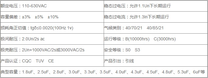 空調風機電容器技術參數表